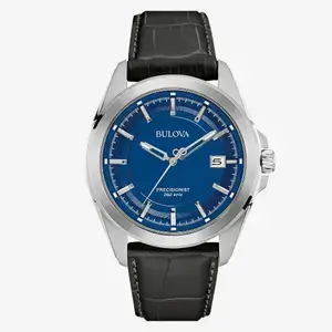 Bulova-Men's-Precisionist-3-Hand-vintage-Calendar-Stainless-Steel-with-Black-Leather-Strap-and-Blue-Dial-Style-96B257