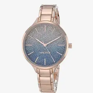 Nine-West-Womens-Bracelet-Watch-Light-rose-gold-tone-and-blue-glitter-ombre-dial